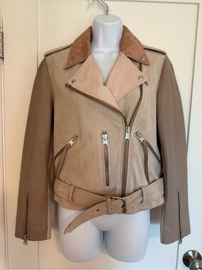 AllSaints Two-Tone Pink-Taupe Leather & Suede Biker Jacket